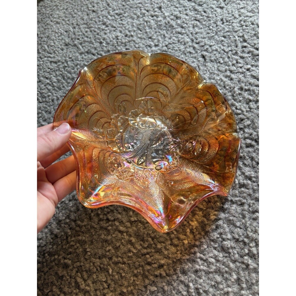 Vintage Imperial Art Glass Carnival Pansy Bowl Flowers 9" Marigold - Picture 2 of 5